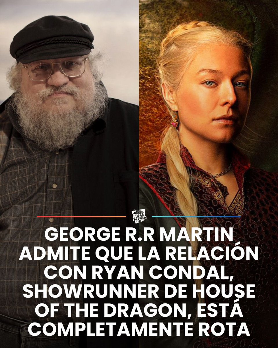 GabyMeza8's tweet image. RELACIÓN COMPLETAMENTE ROTA ❌ George R.R. Martin, creador del universo de Game of Thrones, declaró que su relación con Ryan Condal, showrunner de House of the Dragon, está completamente fracturada. El escritor reveló que Condal ya no toma en cuenta sus notas para la serie, por…