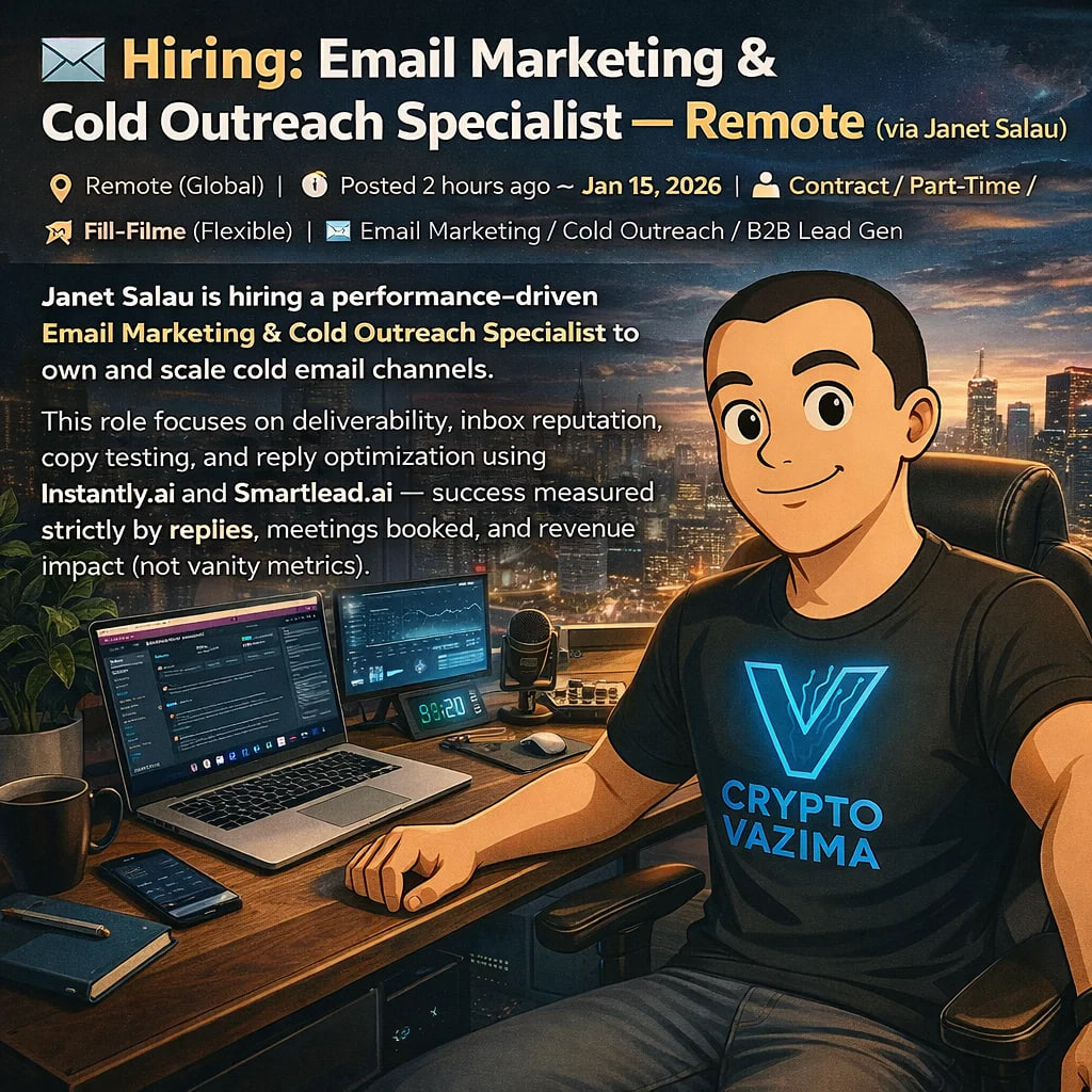📧 Hiring: Email Marketing & Cold Outreach Specialist (Remote, Flexible) 📍  Remote (Global) | 💼 Email / Outreach | 🧑‍💻 Contract/Part/Full-Time | 🕐  Posted 2h ago — Jan 15, 2026 Janet Salau