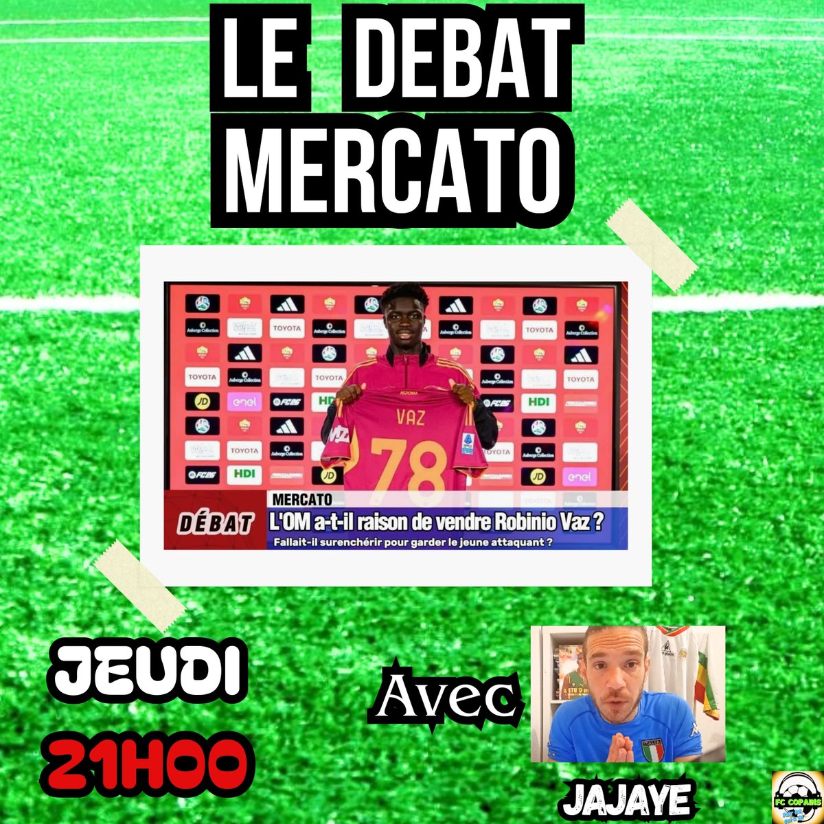 Ce soir, on parle mercato sur la chaine du FC Copains🎙️

L'OM🔵⚪a-t-il raison de vendre Robinio Vaz🇫🇷❓🤔

On pose la question au sujet du départ de l'attaquant à l'AS Roma🇮🇹 pour 25 millions💰
  
On en parle à partir de 21h00 sur la chaine YouTube🔥🔥

#OM #Mercato #ASRoma