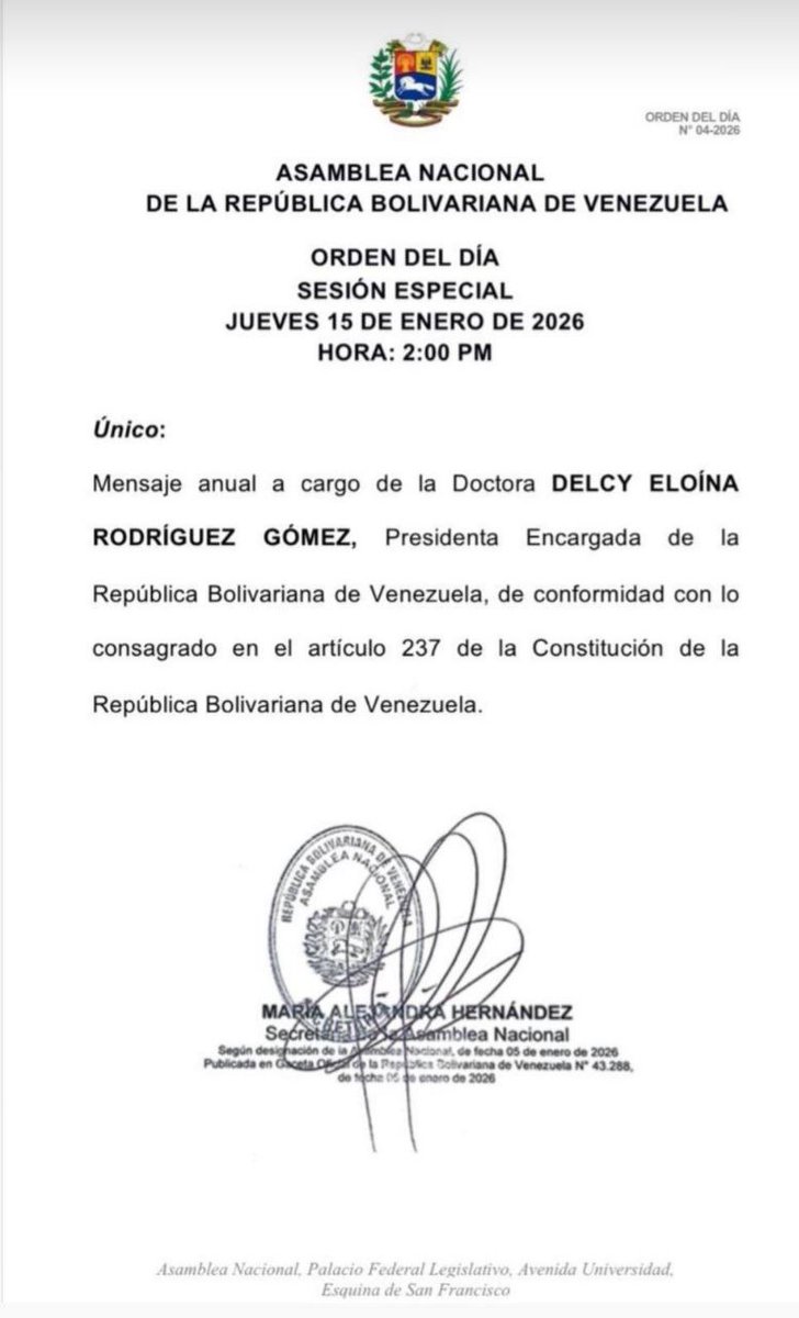 🏛 | PROPUESTA DE ORDEN DEL DÍA 
Jueves  #15Ene  02:00 pm
#AsambleaNacional 🇻🇪
#SesiónEspecial