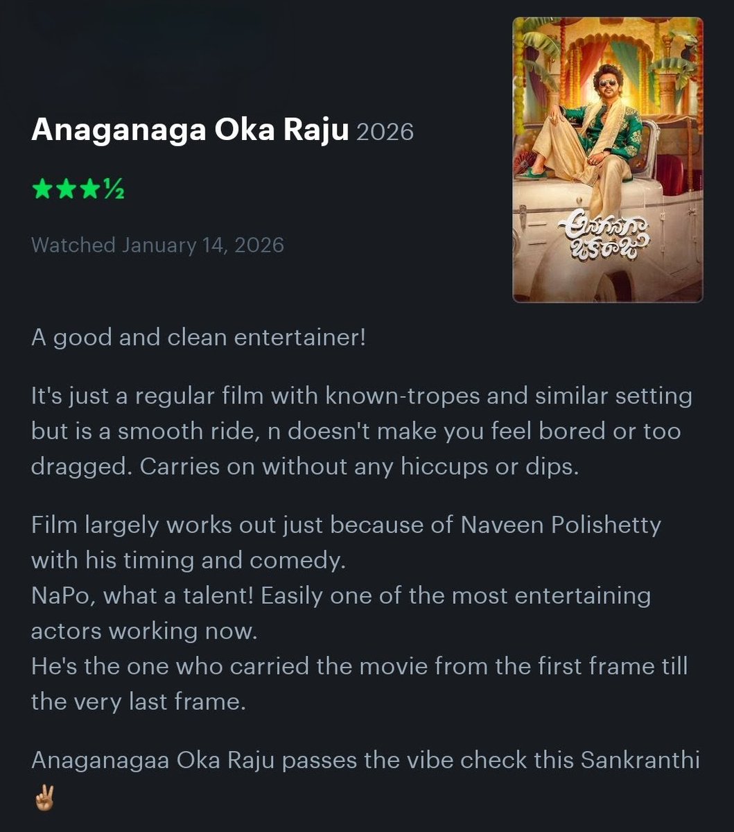 YoursmediaIn's tweet photo. @NaveenPolishety is a great talent!
@SitharaEnts congratulations 🎉 👏🏽
#AnaganagaOkaRaju is definitely better than all other movies this Sankranthi and passes the vibe check ✅
NaPo carried the film all along..he's the biggest strength💪🏽

#AnaganagaOkaRajureview
#naveenpolishetty https://t.co/NHTVy5hPzV