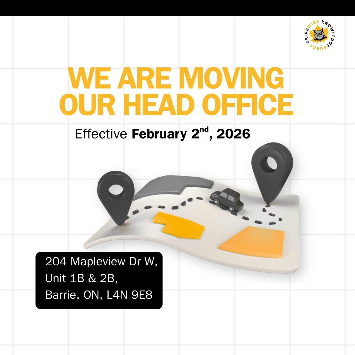 Big news! 🚗🎉
Our Head Office is moving, we’ll be operating from our new Barrie location starting Feb 2, 2026.
Can’t wait to welcome you!