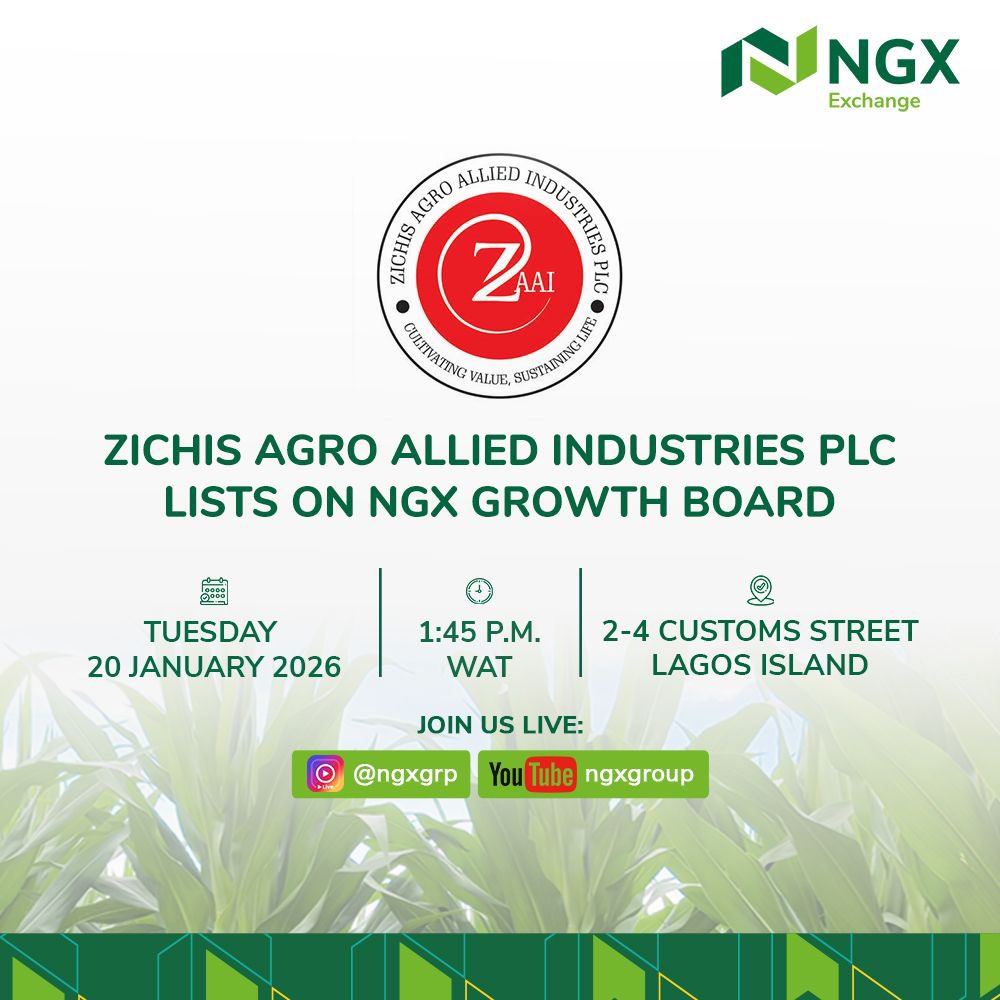 ngxgrp's tweet photo. Zichis Agro Allied Industries PLC @zichis_agroallied Joins the Exchange!

Be part of this listing on Tuesday, 20 January 2026, at 1:45 PM (WAT) as the company lists on NGX Growth Board, reinforcing the capital market’s role in supporting growth across the agricultural value chain.

#zichislistsonexchange ##zichisatngx