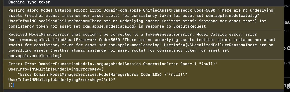 miked's tweet photo. I updated to Tahoe 26.2 with XCode 26.2 and when running Simulator on iOS 26.0 all of my FoundationModels calls now fail with this error, anyone else see this? #iOS26 #indiedev #appdevelopers https://t.co/zobdIUbTGy
