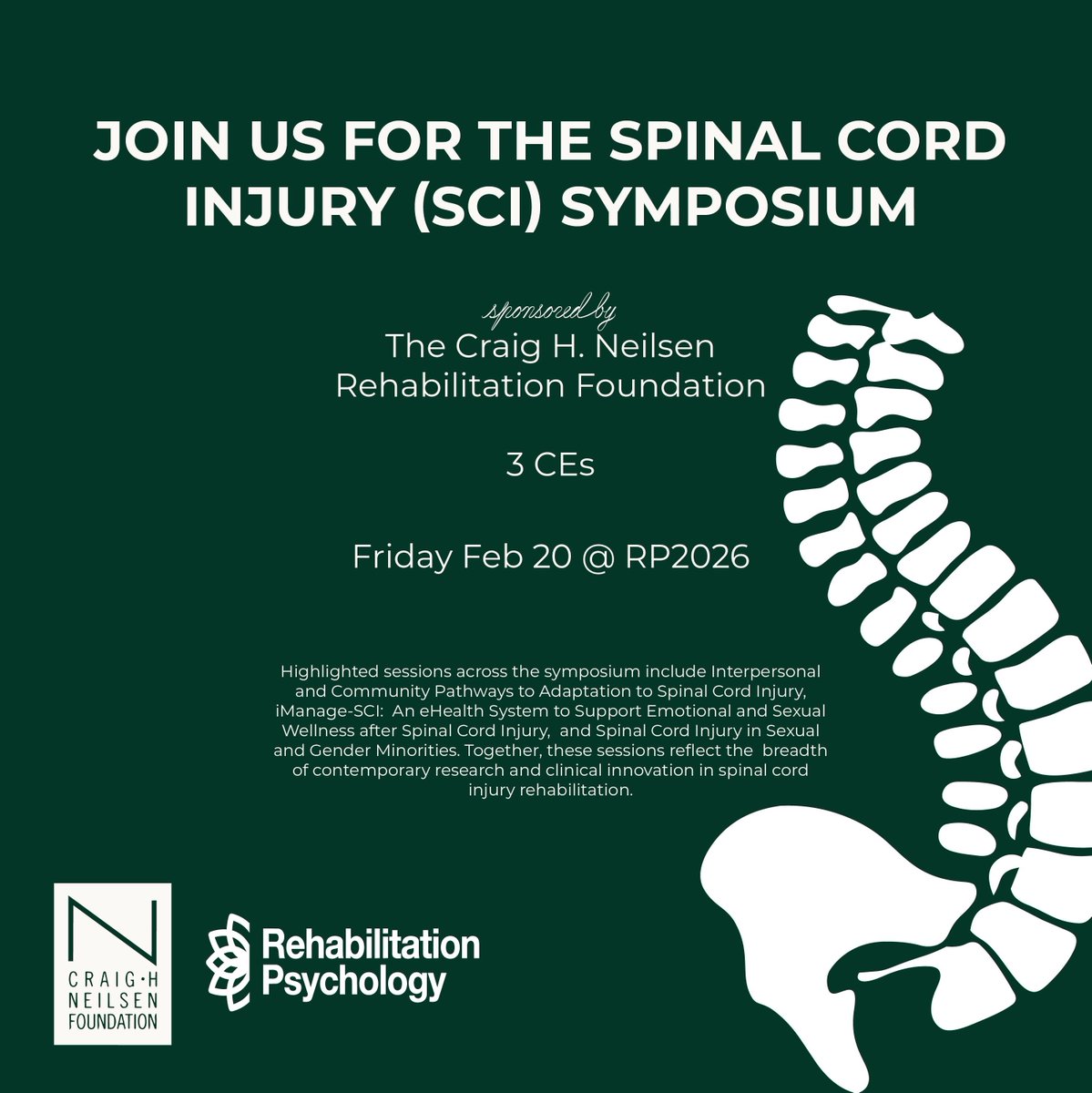 APADiv22's tweet photo. The Spinal Cord Injury (SCI) Symposium at RP2026 will take place on Fri Feb 20, and features a 3pt CE program sponsored by The Craig H. Neilsen Rehabilitation Foundation, highlighting psychosocial adaptation, digital health interventions, and equity-focused care in SCI. https://t.co/QYTnm17Hwv