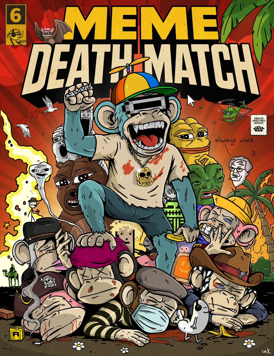 MEME DEATH MATCH #7 – Jungle Bay Island 🌴🧱🩸🗡️🩸

*🚨You must hold at least 1 <a href="/JungleBayAC/">Jungle Bay Artists Collective</a> ape to participate in this contest, you can adopt one here: opensea.io/collection/jun…

*A.I. art does not qualify for this contest.
—————————————
Survival of the fittest is real. 

Dead