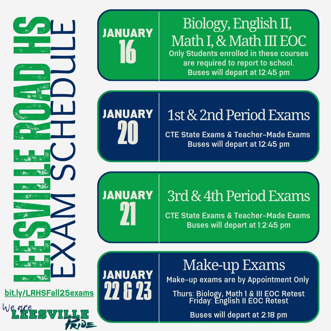 It’s exam time <a href="/leesvilleroadhs/">Leesville Road High</a> 
All info can be found here:  
bit.ly/LRHSFall25exams
You’ve got this, Pride!