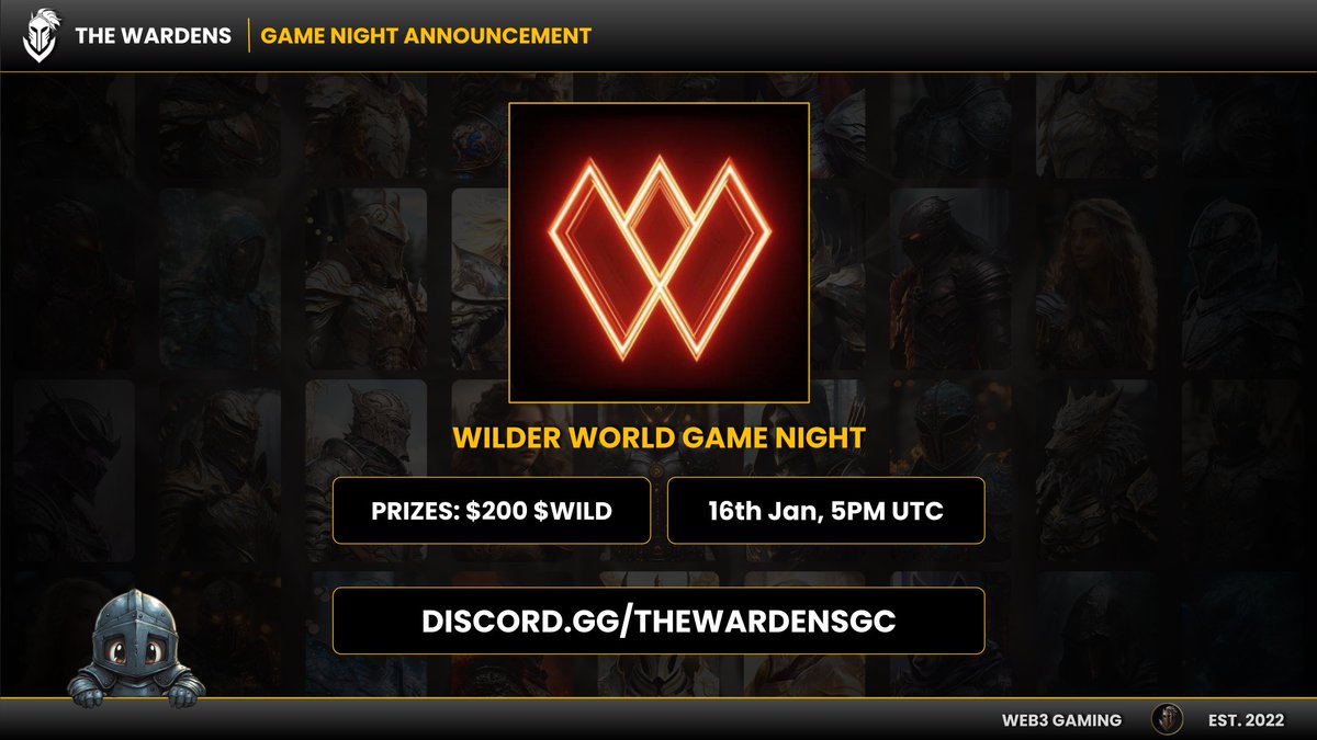 TheWardensGC's tweet image. Game Night Announcement 🔥

Join us tomorrow as we get WILD with @WilderWorld! Gaming with friends is the best way to end a long week

Details: 
🗓️ 16th Jan, 5PM UTC
📍 Wardens Discord (stage)
💵 $200 awaits you

Miss out at your own risk! Join our Discord 👇