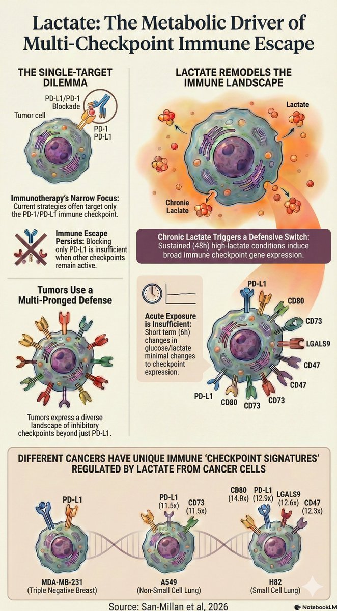 Tumors do not escape immunity through a single checkpoint. 
Our latest study: 👇
Chronic lactate, as a consequence of dysregulated tumor metabolism, rewires the immune landscape and drives a coordinated, multi-checkpoint defense. 
This helps explain why single PD-1/PD-L1