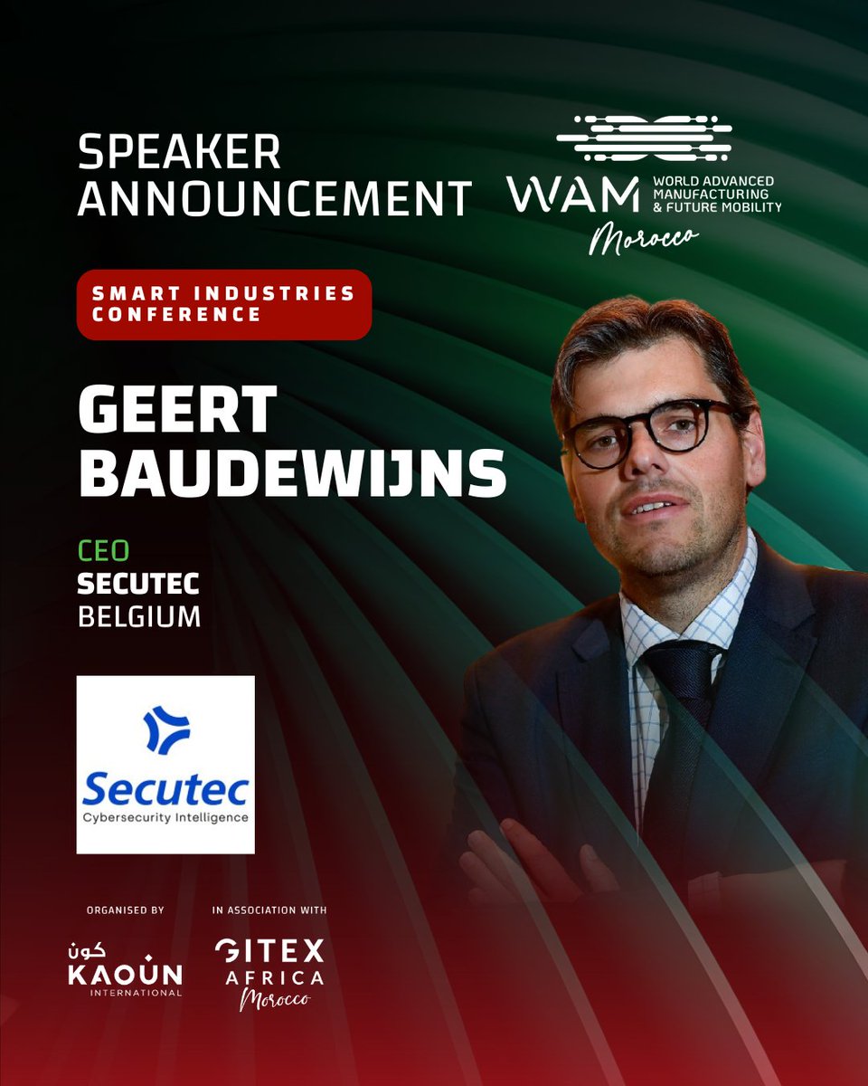 wammorocco's tweet photo. We’re pleased to welcome Geert Baudewijns, Belgium, CEO of #Secutec, Belgium to the Smart Industries Conference, taking place on 20–21 January 2026 at #WAMMorocco.
🔗 Register to visit:
https://t.co/FLxV9PkipX
#SmartIndustriesConference #WAMMorocco2026 https://t.co/Tq7ieVKZs8