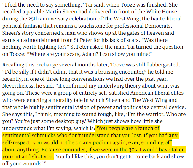 AlanSmithee1987's tweet image. Tooze on the Dems: "You people are a bunch of sentimental schmucks who don't understand you lost. If you had any self-respect, you would not be on any podium again, ever, sounding off about anything. Because comrades if we were in the 30s I would have taken you out and shot you"