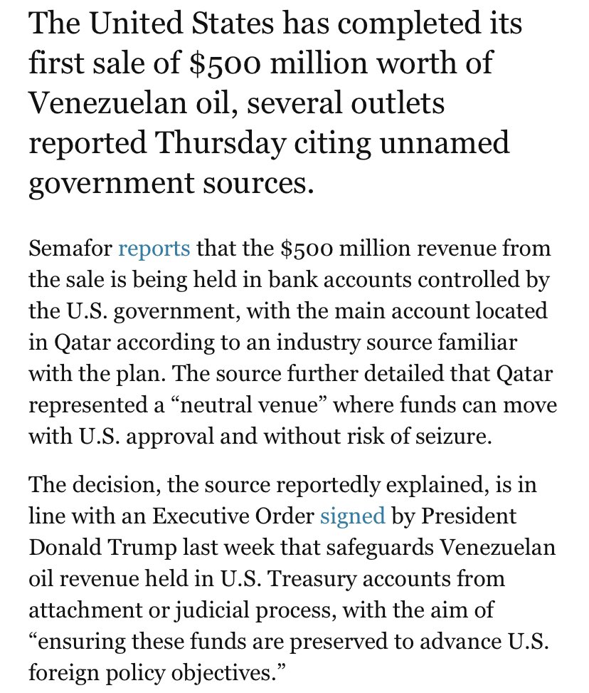 Esto NO ES LO QUE DICEN DESDE LA ADMINISTRACIÓN #trump. Estos sostienen que depositarán dicho dinero en #Qatar, bajo control de #EEUU, no #VENEZUELA.

De ser así, esta sería una operación de captura de recursos soberanos por una potencia extranjera. Aclare presidenta encargada!