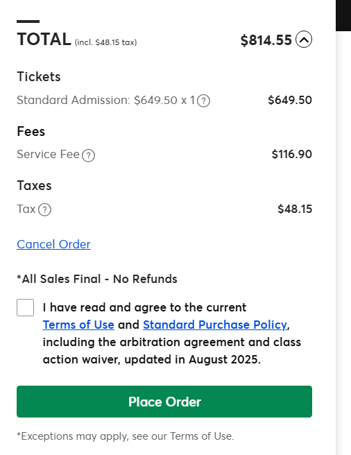 $814.55 dollars for one ticket in the stands for <a href="/BrunoMars/">Bruno Mars</a> !? And that's STANDARD Admission Price on TicketMaster... WTF?! LOL That is INSANE... Oh well... My fam are big fans too... Crazy how expensive everything is these days.