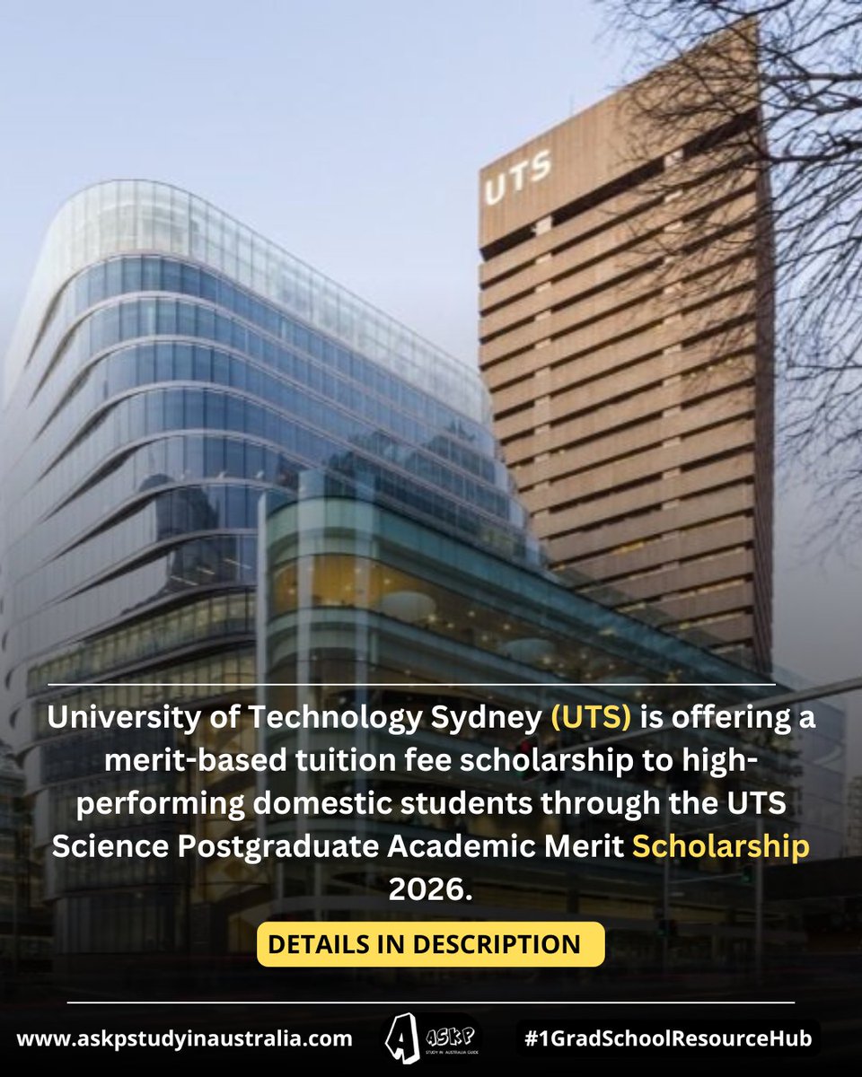 Askpstudyin_Aus's tweet photo. Applications are currently open for UTS Science Postgraduate Academic Merit Scholarship 2026

✅ 25% tuition fee reduction
✅ Postgraduate (Masters by Coursework – Science programs)
✅ Deadline: 27 August 2026

Thread 
1/2 https://t.co/0uVkl2i4uH