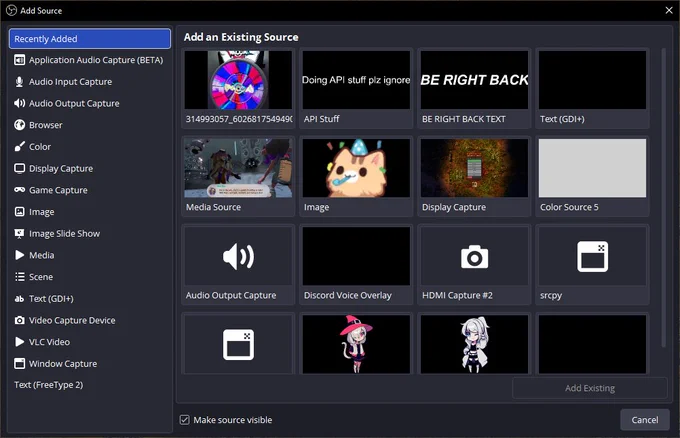 A new window for adding sources in OBS.

The left sidebar contains a list of source types, and a 'Recently Added' entry at the top which is selected.

The right part of the window shows a list of sources and features thumbnails for each source.
