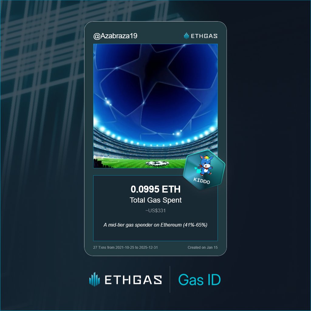 Azabraza19's tweet photo. Just unlocked my Gas ID via ETHGas 🪪

I'm a Kiddo Jack with 0.0995 ETH spent on gas since Beacon Chain - now fueling my climb to the Gasless Future and earned 25 Beans already. 

Reveal yours at https://t.co/bGfth8bVr3 https://t.co/pp8owTxK65