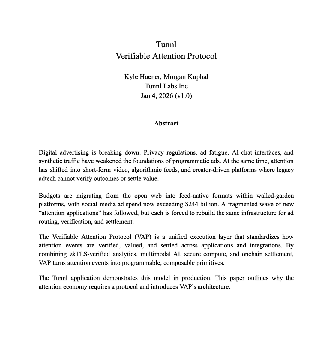 Tunnl_io's tweet image. Tunnl is live and business continues as usual.

The current app isn’t going anywhere. But what we’re building next is much bigger. 

Tunnl is building The Verifiable Attention Protocol (VAP):

A general-purpose infrastructure layer for the next generation of advertising,…