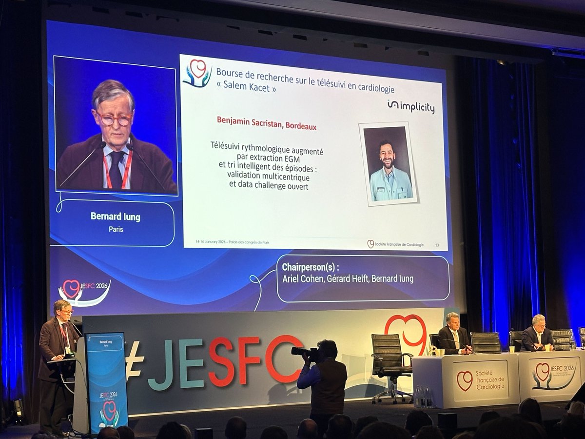 ImplicityFrance's tweet photo. Félicitations au Dr @BenjaminSacris1 qui a remporté la bourse de recherche Salem Kacet sur le télésuivi en #cardiologie, organisée par la @SFCardio et financée par Implicity ! #SantéConnectée #InnovationSanté #JESFC2026 https://t.co/1YRceqocJ9
