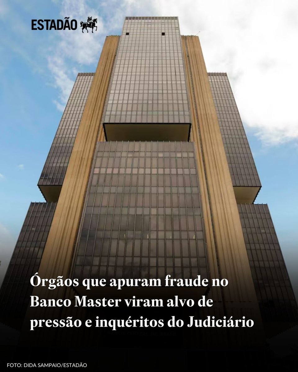 Estadao's tweet image. Órgãos que apuram fraude no Banco Master viram alvo de pressão e inquéritos do Judiciário 

Apuração técnica esbarra em reações políticas: Toffoli aponta ‘inércia’ da PF, Moraes investiga auditores e ministro do TCU tenta rever ato do BC &amp;gt; bit.ly/4sIyTuY