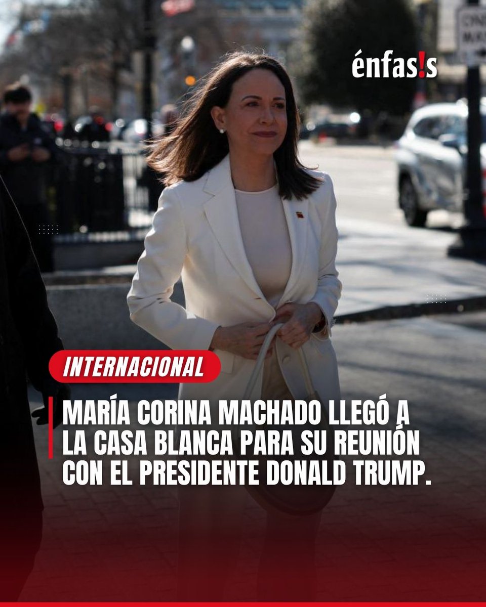 La líder opositora de Venezuela y Premio Nobel de la Paz, María Corina Machado llegó a la Casa Blanca para su reunión con el presidente Donald Trump. 

#CasaBlanca #DonaldTrump #Venezuela #MariaCorina