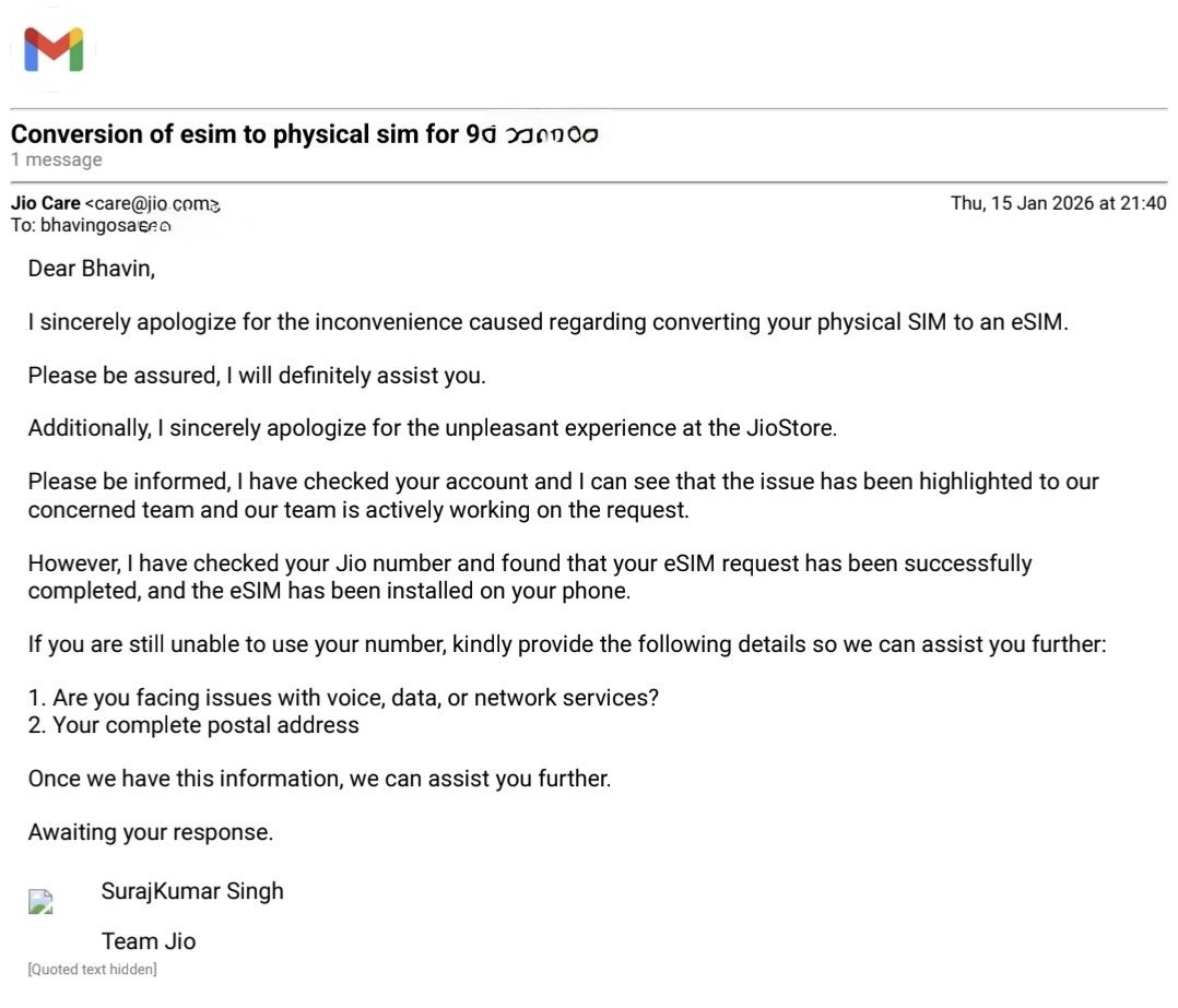 BHAVIINGOSAR's tweet photo. @JioCare since 13th jan 2026 i have sent mails with all  info  needed,still any of your advisors have no clue what issue i am facing. Either its deliberate on your part or you are too ignorant. Mentally harassing exp. @jagograhakjago @TRAI look at subject line &amp; advisors reply https://t.co/BY4sbVF9LA