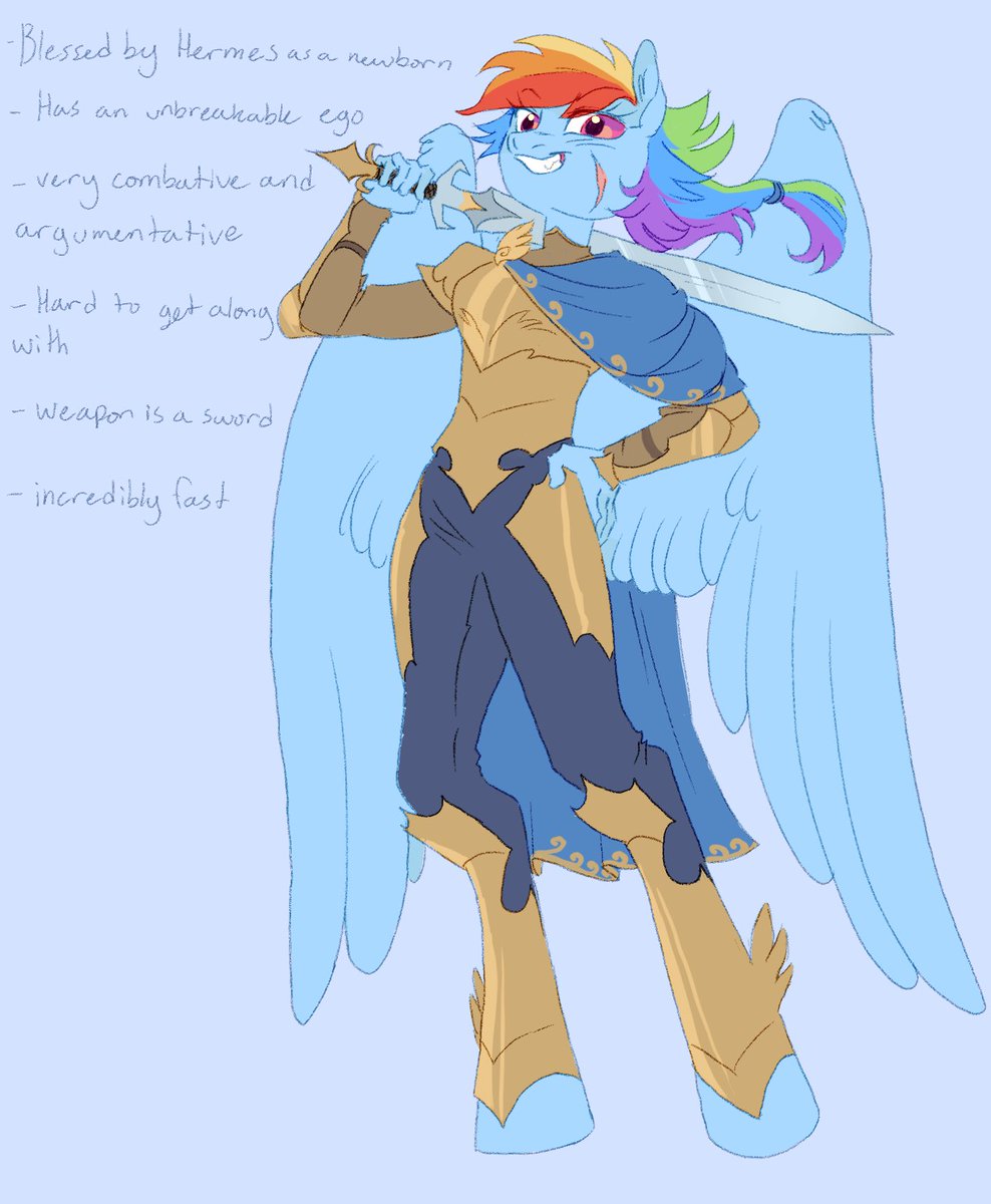 AbbyTabbys's tweet image. Rainbow dash, practically raised by a god and her parents, she’s a tough and unbeatable force. You’ll often see her slacking off, making the excuse that she doesn’t need to train because of how much longer she’s wielded a sword.