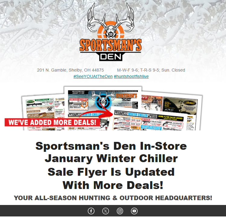 SportsmansDen1's tweet photo. Sportsman's Den Rolling Winter Sale Updated W/ More Deals!
https://t.co/6gS60Imx2s
#SeeYOUAtTheDen https://t.co/XO4dquPypm