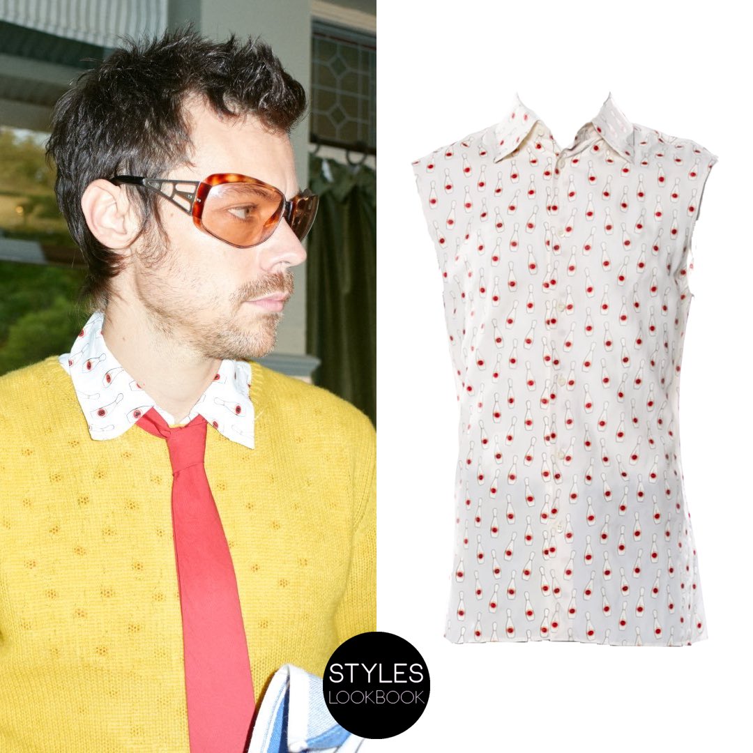 styleslookbook's tweet image. Harry announced his fourth album, ‘Kiss All The Time. Disco, Occasionally’ and changed his profile picture on social media. In the new picture he is wearing a vintage @MIUMIUofficial bowling pin shirt from the brand's Spring 2000 collection. 

🔗 go.shopmy.us/p-38749923