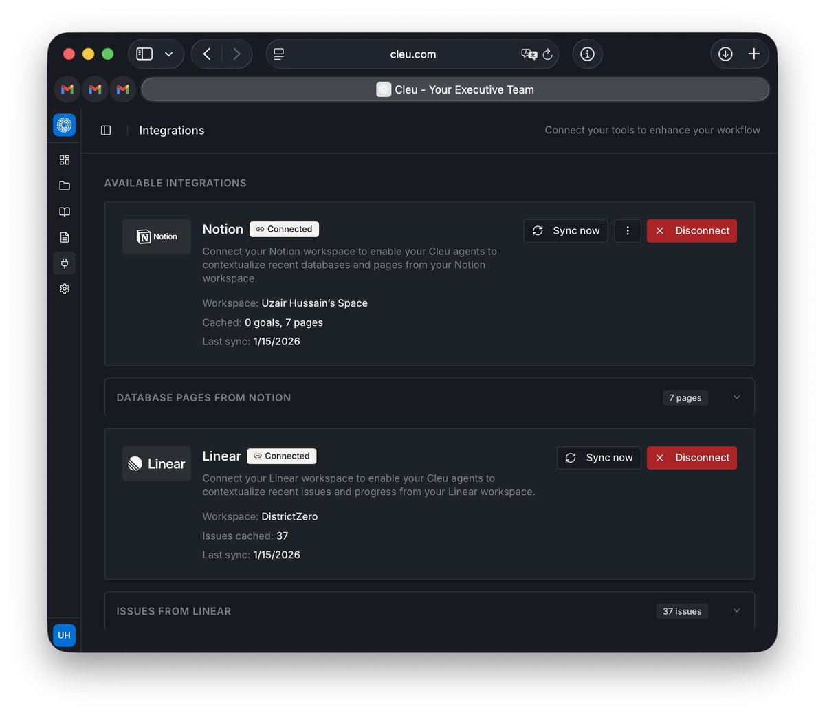 High level convos need context from everythingggg 💥 

Connect your <a href="/NotionHQ/">Notion</a> and <a href="/linear/">Linear</a>, add a custom agent, and start having more insightful convos about team progress. 

Now live on Cleu.com