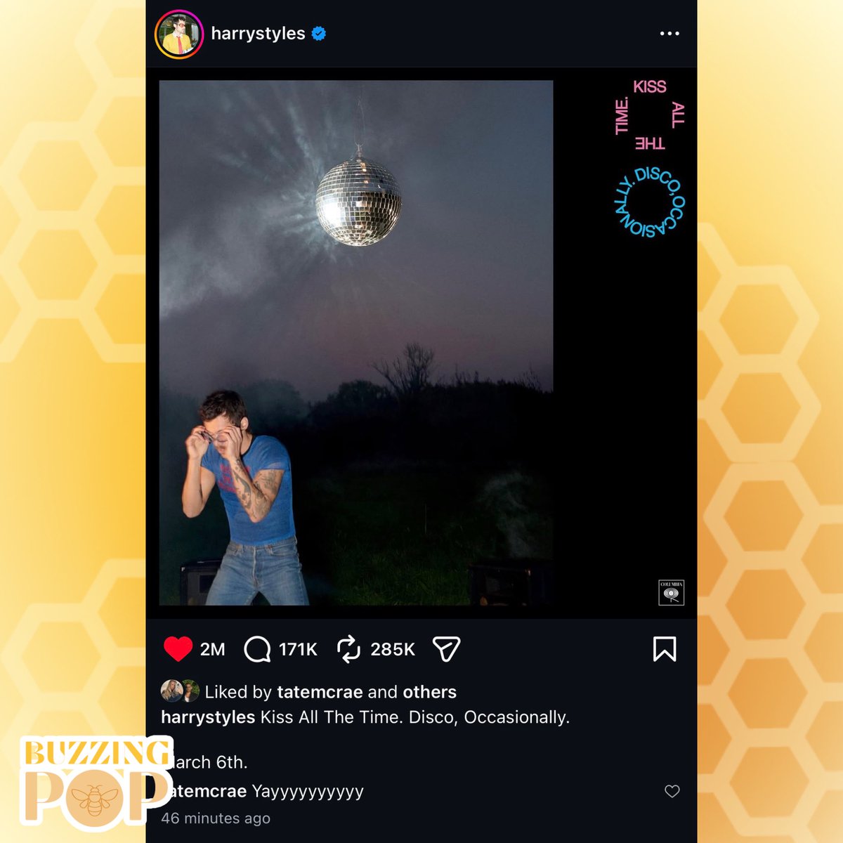 BuzzingPop's tweet image. Harry Styles’ album announcement has surpassed 2 MILLION likes on Instagram in less than 50 minutes.