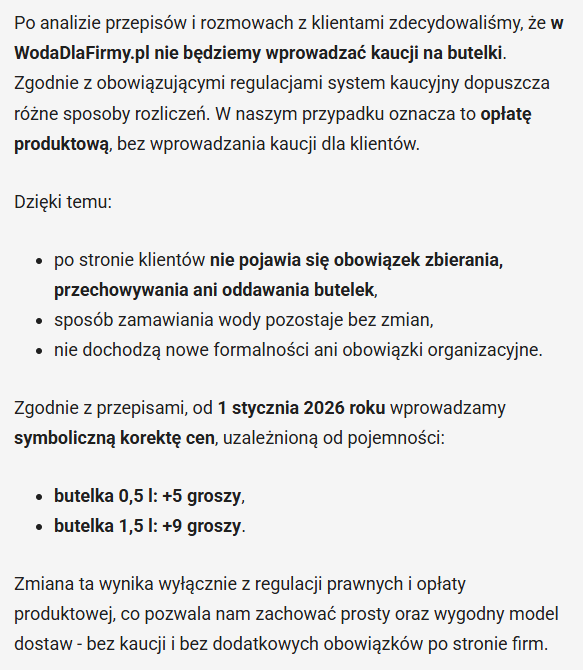 Mój dostawca wody olał kaucję i podniósł cenę o 10 groszy (9 netto) I bardzo mnie się to podoba :)))