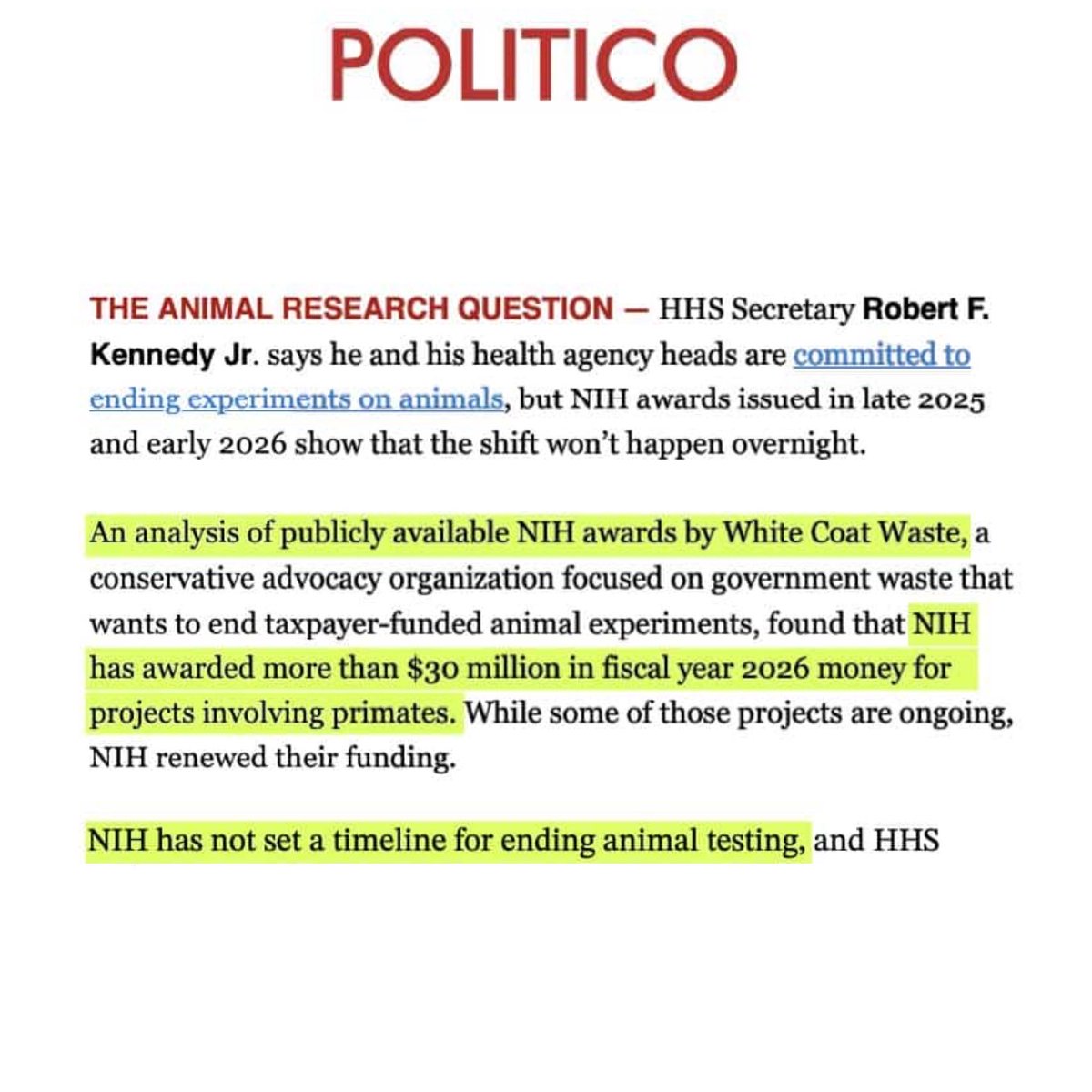 WhiteCoatWaste's tweet image. BREAKING:

White Coat Waste just uncovered proof that top NIH officials are defying RFK Jr. and Trump’s agenda.

3 weeks ago, Kennedy pledged to shut down all taxpayer-funded primate testing.

In the past 3 weeks, NIH Director Jay Bhattacharya and his Deputy Nicole Kleinstreuer