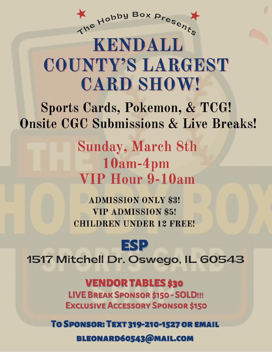 TaddGibby24's tweet photo. Exciting new card show at ESP on March 8th presented by Hobby Box - New local Oswego Card Company with exciting events &amp; great cards.  Come check it out! #ESPTrained #HobbyBox #ESPFamily #March8th #CardShow https://t.co/Pw7iPu2xSy