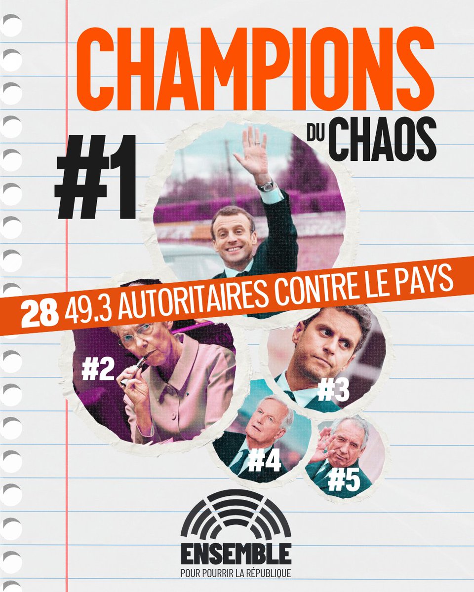 🤡 28 49-3 autoritaires depuis 2022 : Renaissance sème le chaos à l'Assemblée nationale et partout dans le pays.

308 députés en 2017. 246 en 2022. 168 en 2024. Pas d'inquiétude, à ce rythme, il ne restera bientôt plus de macronistes à l'Assemblée.

Dites stop ! Rejoignez-nous :