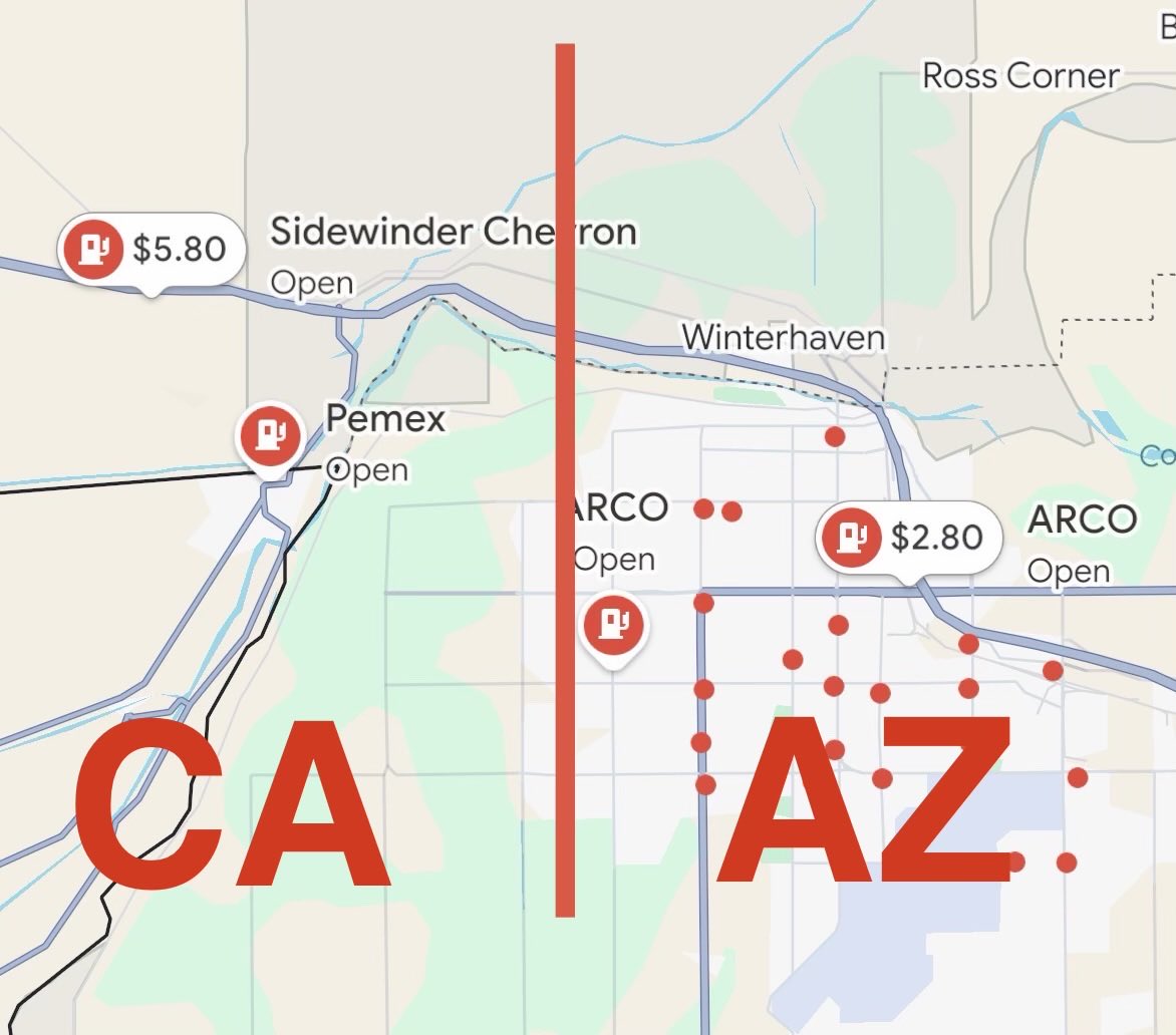 BasedBandita's tweet image. On the left is a gas station in CA, selling gas for $5.80/g. On the right is a gas station 10 miles away in AZ, selling the same gas at $2.80/g.

Thanks to Democrat policies, Californians are being legally ripped off on gas. They’re consistently the highest in the country.
