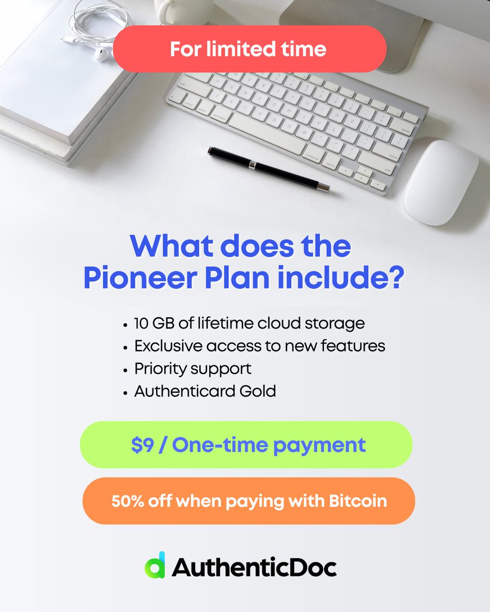 AuthenticDocapp's tweet photo. Take advantage of this limited-time offer! The Pioneer Plan offers unique benefits for those who trust AuthenticDoc.

This plan is only available for a few days! Don't miss out! Create your first document >> https://t.co/V9AG03ZxBn

#ChooseTheTruth #ElSalvador #SecureSignature https://t.co/AiGMj22Tii
