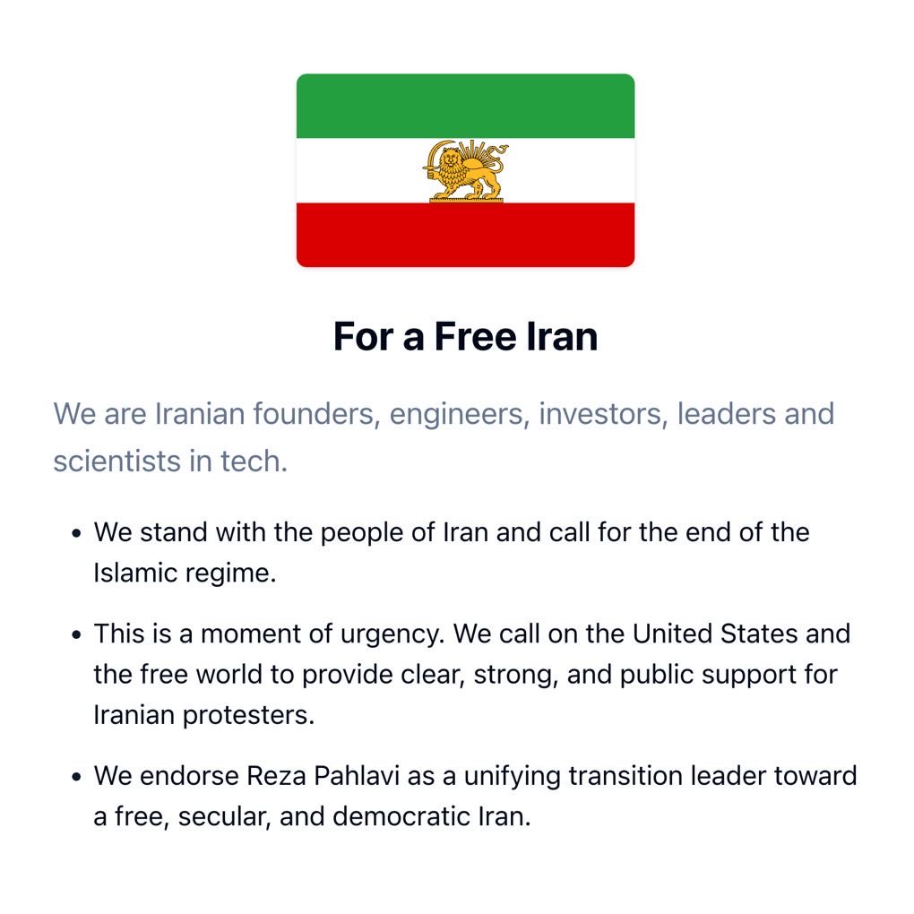 kooshiar's tweet image. 3,400 Iranians in tech call for the end of the Islamic regime, urge urgent US and free world support for protesters, and endorse Reza Pahlavi as a unifying transition leader.

Signed by founders, engineers, investors, and scientists from Google, Meta, Apple, Nvidia, Tesla,…