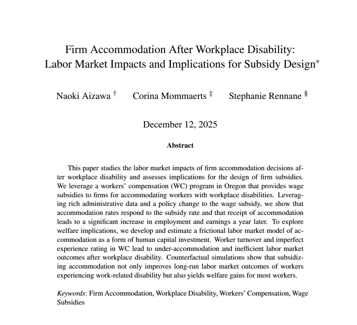 ecmaEditors's tweet photo. Workplace disabilities don't have to end careers. New research analyzing Oregon workers compensation shows that subsidizing firms to accommodate injured workers boosts employment &amp; earnings and creates welfare gains across the board. @cmommaerts  @rennstep https://t.co/h7MKwyVnbr https://t.co/bK8959TJDl