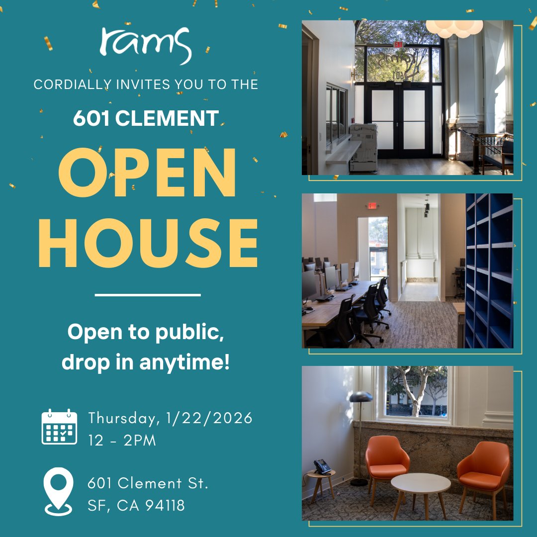 RAMSInc's tweet image. Join us for an Open House of our newly renovated program site at 601 Clement St.🎉Tour the space, meet our team, and learn more about the programs serving the local community. 

📍 601 Clement St., SF
🗓️ Thursday, 1/22/2026 | 12–2 PM (drop in anytime)
🤝 Open to the public