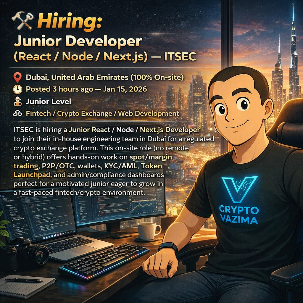 🛠️ Hiring: Junior Developer (React / Node / Next.js) — Dubai On-site ( Crypto Exchange) 📍 Dubai, UAE (100% On-site, No Remote) | 💼 Junior Dev |  🧑‍💻 React / Node / Next.js |