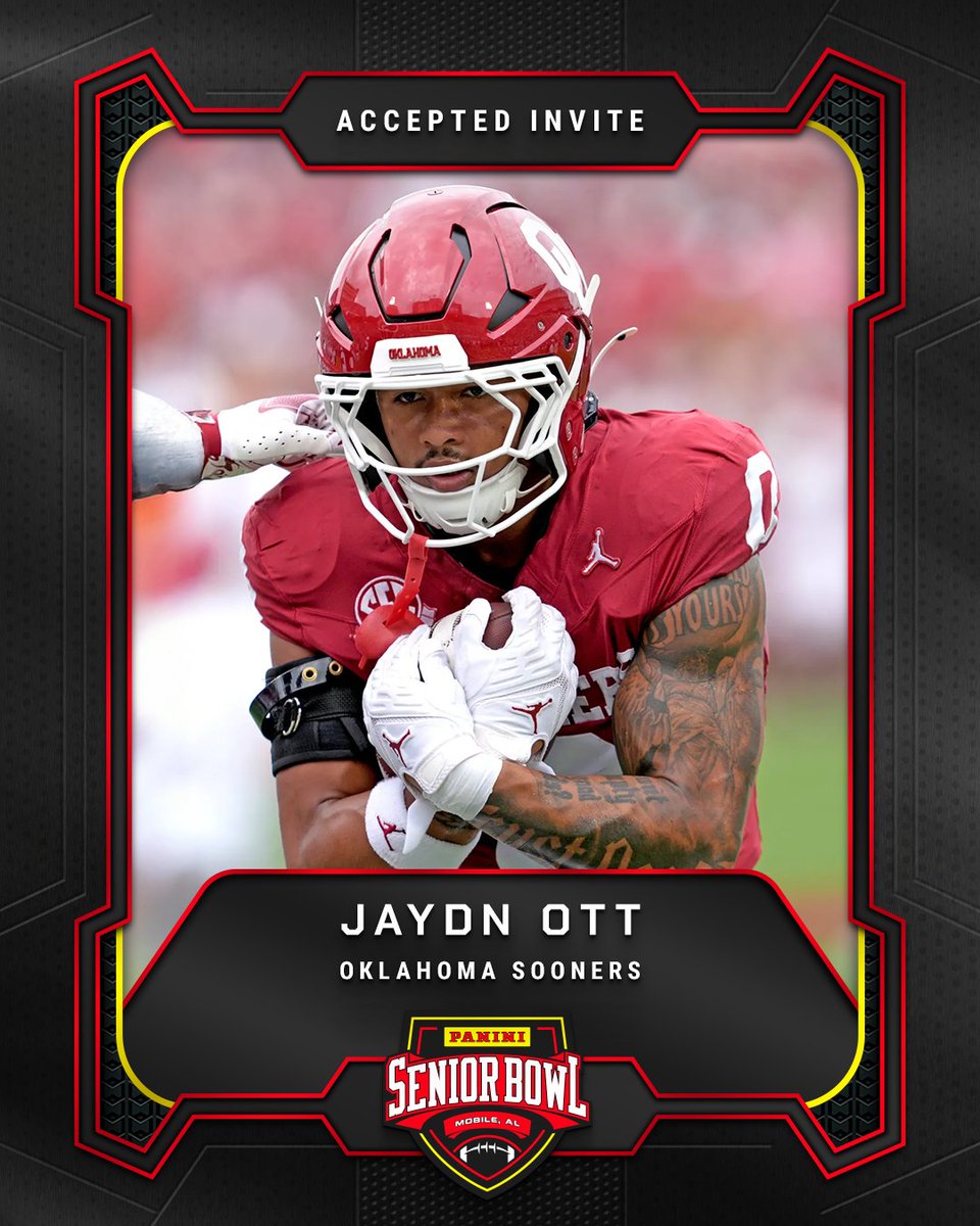 seniorbowl's tweet image. Officially Accepted!

RB Jaydn Ott (@THEJAYDNOTT) from @OU_Football is headed to the 2026 Panini Senior Bowl 🔥

#TheDraftStartsInMobile #WherePlayersPlay