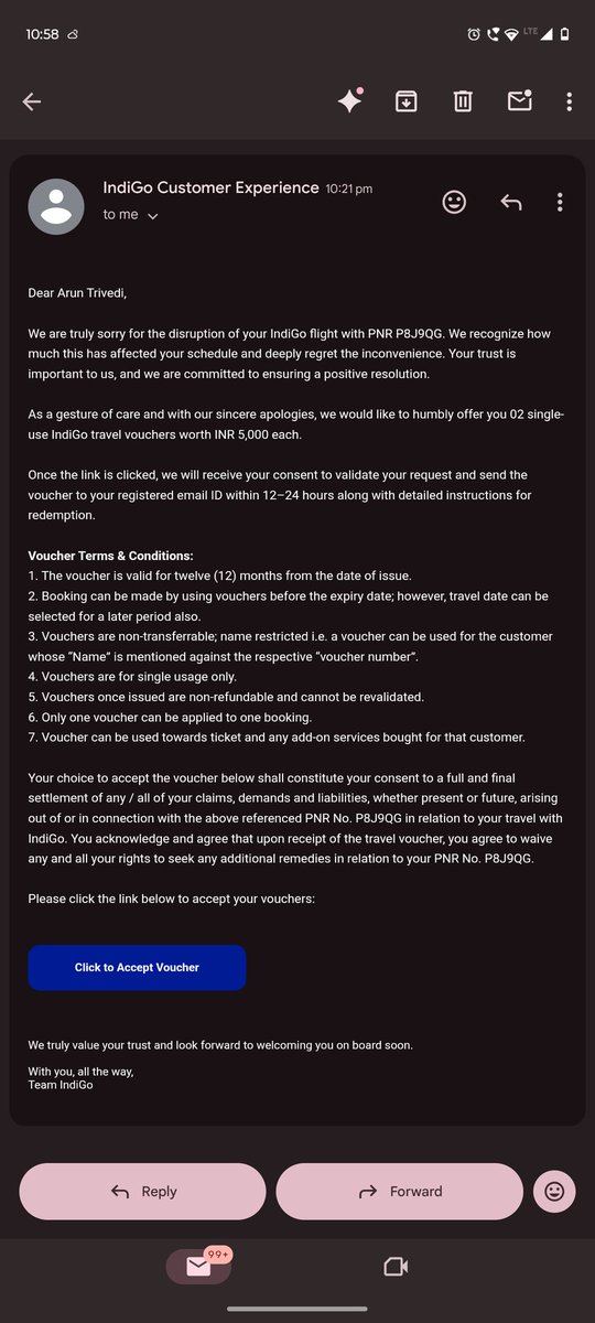 aviraltrivedi's tweet photo. @IndiGo6E Hey @IndiGo6E, Your public statement says these 10k vouchers are "in addition to" DGCA compensation. However the email link forces a "full and final settlement" waiver just to accept them. Please clarify why I must waiver my statutory rights to claim it. @DGCAIndia @MoCA_GoI https://t.co/PaARS5aUzE