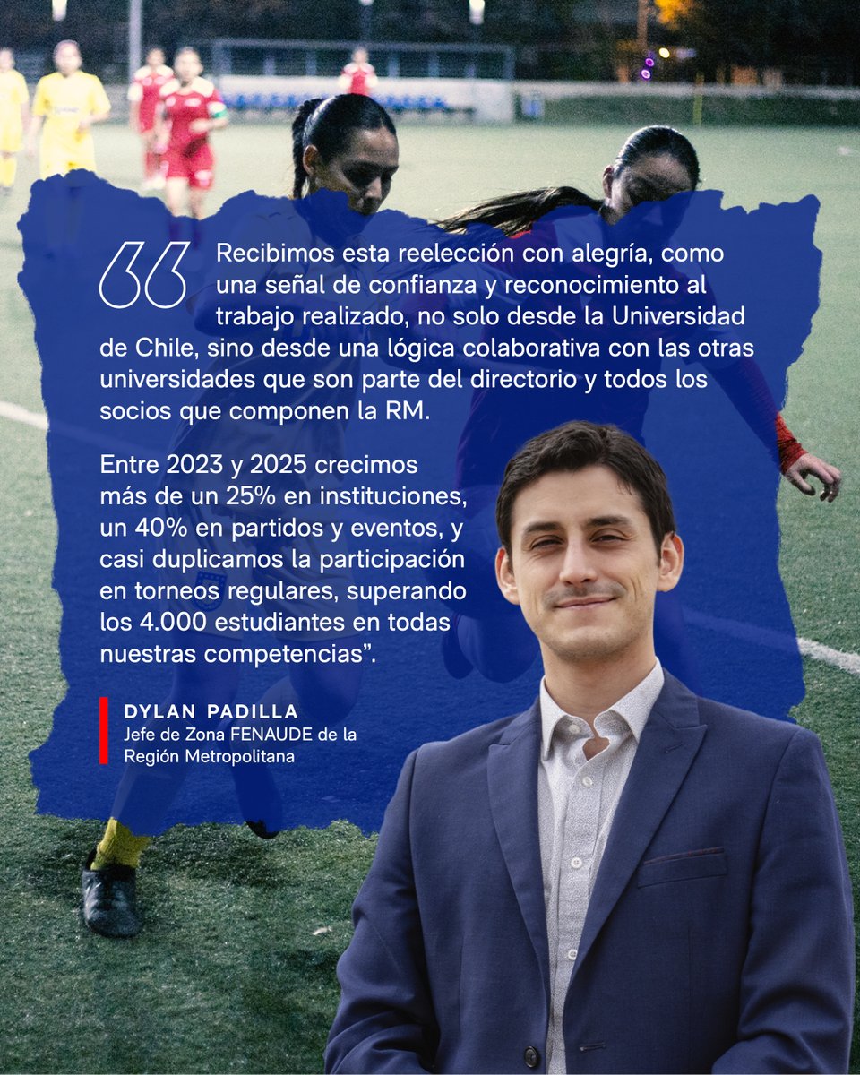 DeporteAzul's tweet photo. ¡El Director de Deportes y Actividad Física de la Universidad de Chile, Dylan Padilla, fue reelegido y tendrá su segundo ciclo como Jefe de Zona Metropolitana de la Federación Nacional Universitaria de Deportes (FENAUDE) para el periodo 2026-27!🤩

💻 Revisa sus declaraciones⬇️ https://t.co/tNTHgIvKsp
