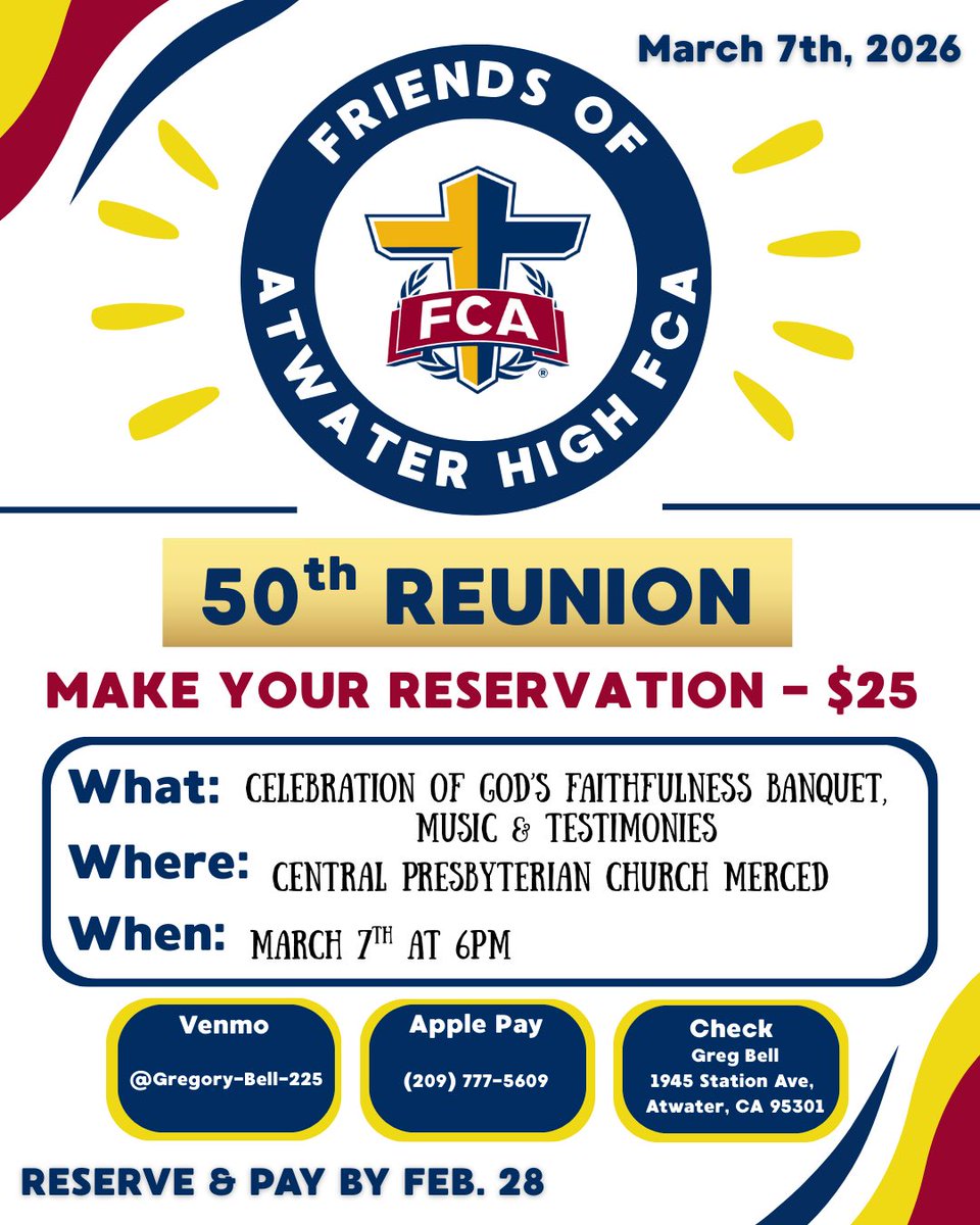 ATTENTION ATWATER HIGH FCA ALUMNI! We are excited to announce we will be celebrating 50 years of FCA at Atwater High School on Saturday, March 7th. If you have been involved in FCA here at AHS in any way throughout years please join us! See the flyer for info/details.