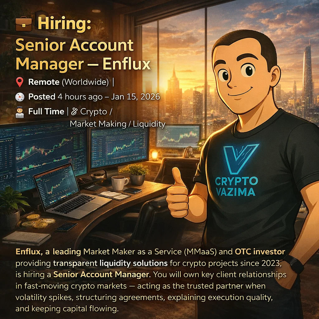 💼 Hiring: Senior Account Manager (Remote Worldwide) — Enflux 📍 Remote  (Global) | 💼 Account Management / Sales | 🧑‍💻 Crypto Liquidity / Market  Making | 🕐 Posted 4h ago — Jan