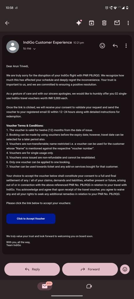 aviraltrivedi's tweet photo. SCAM ALERT for @IndiGo6E passengers! 🚨
Publicly, IndiGo claims their ₹10k vouchers for stranded passengers are "in addition to" Govt mandated compensation.But privately, the email forces you to "Waive ALL rights to additional remedies" just to click Accept.
Which is it, IndiGo? https://t.co/M4Wgr2cGSG
