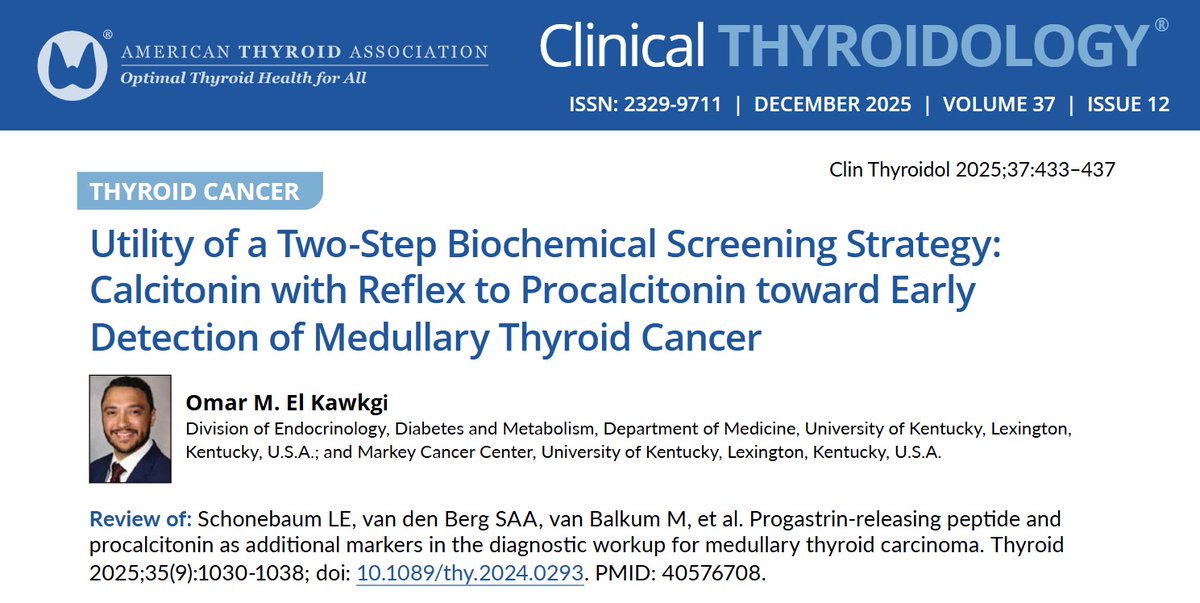 clinicalthyroid's tweet photo. Now online: Dr. El-Kawkgi reviews recent findings in @thyroidjournal that pairing #calcitonin w/ #procalcitonin can improve accuracy &amp; cut false positives in detecting MTC.

https://t.co/vSmtkhmM1f

@o_kawkgi #endotwitter #medtwitter #thyroidcancer #medullary https://t.co/aUxaLHJxce