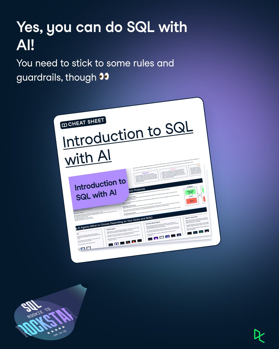 DataCamp's tweet image. New #CheatSheet: Introduction to SQL... with AI.

Learn how to use AI to speed up analyses, reduce errors, and focus on insights rather than syntax.

Plus, join our week-long event on Jan 26, and go from rookie to AI-assisted analysis.

Your SQL sprint 👉ow.ly/4Cg050XX5oe
