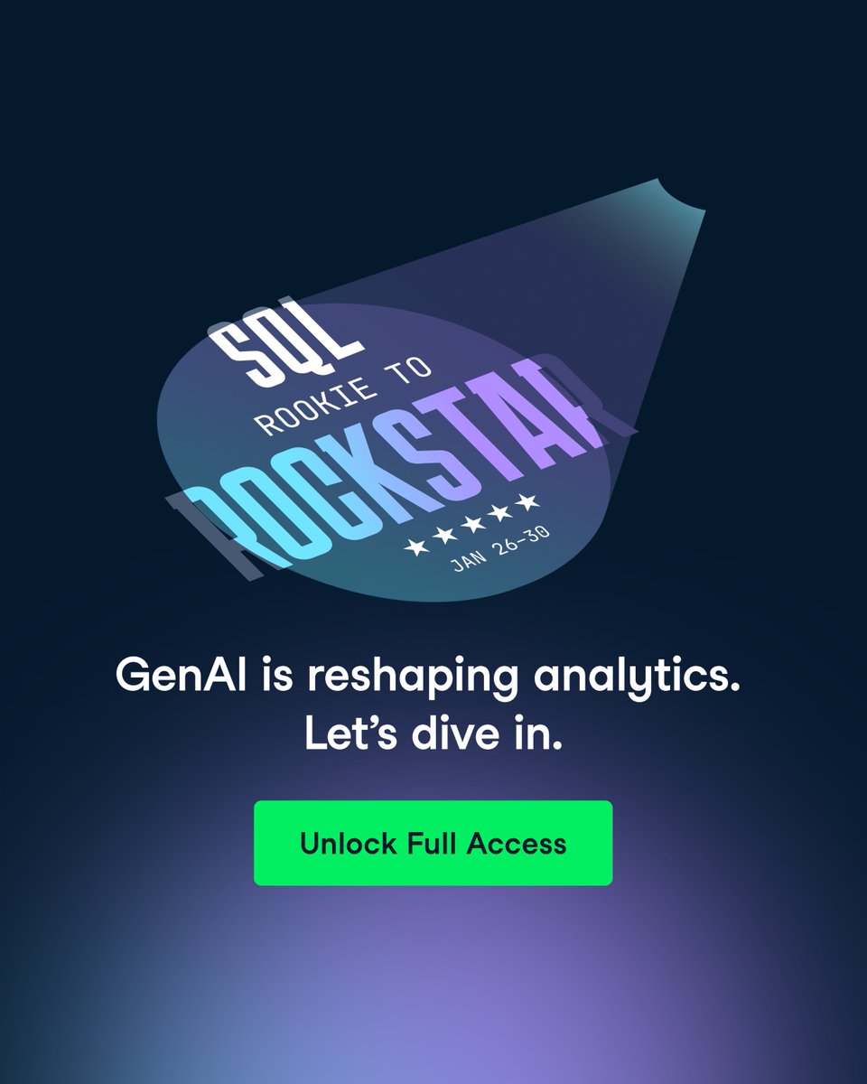 DataCamp's tweet image. New #CheatSheet: Introduction to SQL... with AI.

Learn how to use AI to speed up analyses, reduce errors, and focus on insights rather than syntax.

Plus, join our week-long event on Jan 26, and go from rookie to AI-assisted analysis.

Your SQL sprint 👉ow.ly/4Cg050XX5oe
