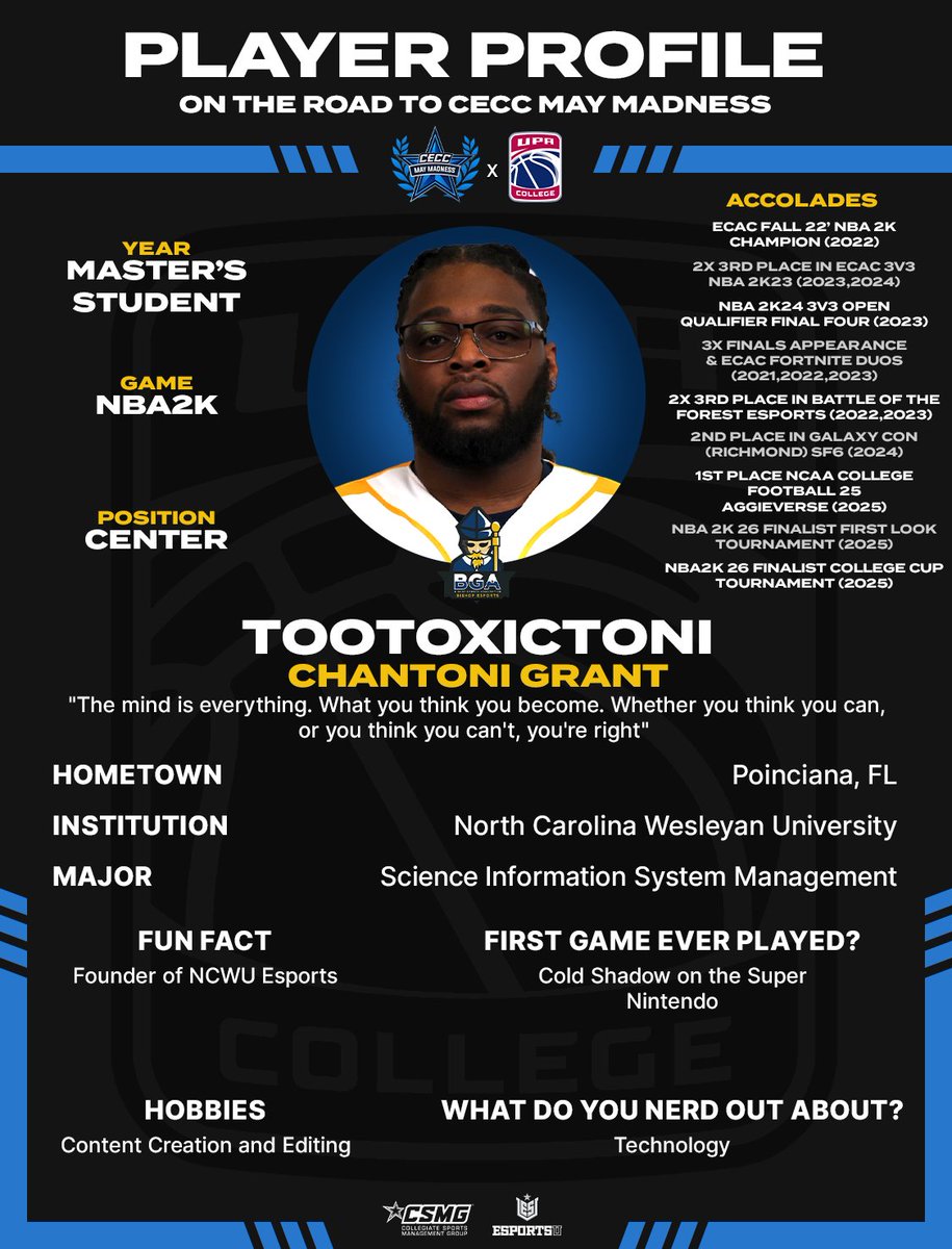 EsportsUGaming's tweet image. Meet TooToxicToni (Chantoni Grant) — NC Wesleyan’s NBA 2K standout bringing brains, grind, and tech-forward energy to the virtual hardwood. Founder vibes, finals experience, and built different.

Shoutout to @UPACollege for powering the path. 🚀🎮
